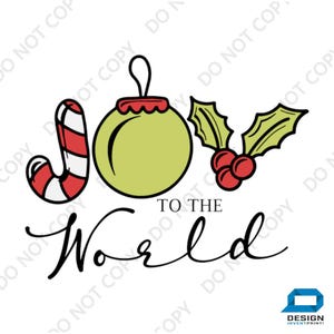 May include: A Christmas-themed graphic with a candy cane, bauble, holly, and the words "Joy to the World" in black script. The candy cane is red and white, the bauble is green, and the holly has red berries.
