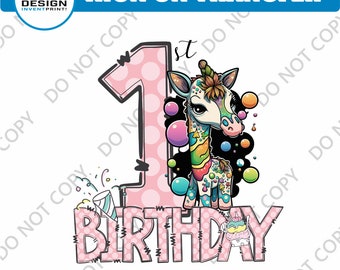 Transferencia de plancha DTF de unicornio para primer cumpleaños: calcomanía para camiseta a todo color