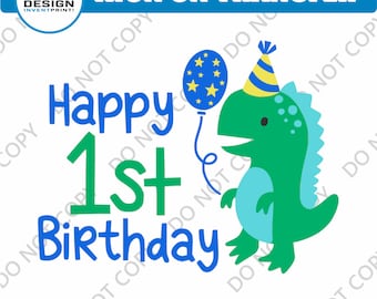 Dinosaur 1st Birthday DTF Iron On Transfer: Full Color, Any Fabric
