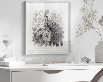 Utskrivbar blommig påfågelkonst | Påfågelväggkonst | Påfågeltryck | Boho vintage påfågeldekor | Direkt nedladdning