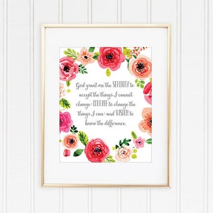 Serenity Prayer Printable, Christian Home Decor Print, Serenity Prayer Art Print, Christian Art Print, Prayer Wall Art, Watercolor Flowers
