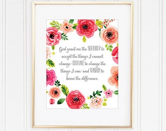 Serenity Prayer Printable, Christian Home Decor Print, Serenity Prayer Art Print, Christian Art Print, Prayer Wall Art, Watercolor Flowers