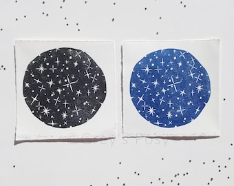 Starry | 5"x5" Unframed Linoleum Print Limited Edition | 100% Cotton Paper, Deckle, Stars, Celestial, Night Sky, Block Print, Lino Print