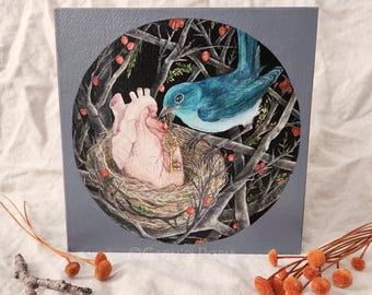 Swevens of the Nightingale Original Watercolor + Gouache Painting | 8"x8" Cotton Paper Mounted on Panel, Ready to Display