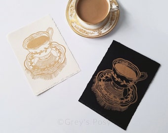 A Cup of Your Finest | 5"x7" Unframed Linoleum Print Limited Edition | 100% Cotton Paper, Tea Cup Block Print