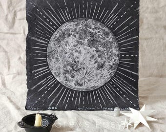 The Moon | 12"x12" Unframed Linoleum Print Limited Edition | Handmade Lokta Paper Block Print
