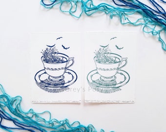 Upon the Sea a Tempest Brews | 5"x7" Unframed Linoleum Print Limited Edition | 100% Cotton Paper Tea Cup Block Print