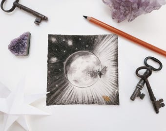 Satellite Charcoal Illustration | 4" x 4" Unframed Starry Moth Drawing