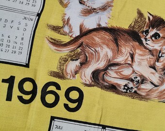 Paño de cocina/plato de algodón vintage francés con gatos, calendario de 1969 (A562)
