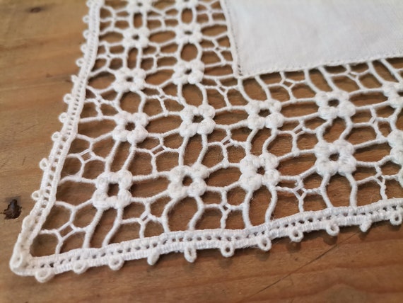 French Antique White Hand Made Lace Edged Linen H… - image 2