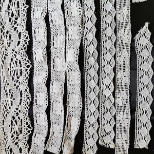 Lot de 8 bordures de dentelle de coton crème antique française / blanc cassé (A350)