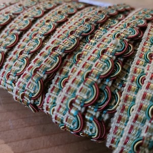 Pasamanería de viscosa vintage francesa de 5 yardas, color crema intenso, verde salvia y rojo burdeos, de 1,27 cm, A208