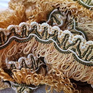Garniture de passementerie à franges en coton mélangé beige doré/vert/crème vintage français A051