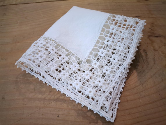 French Antique White Hand Made Lace Edged Linen H… - image 6
