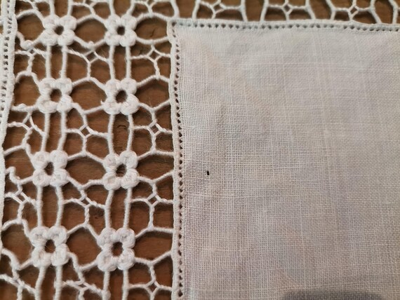 French Antique White Hand Made Lace Edged Linen H… - image 3