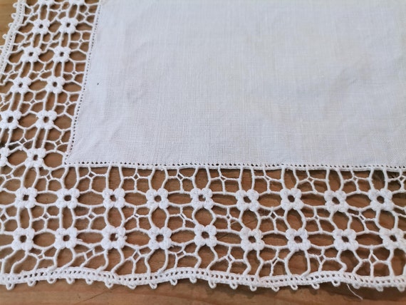 French Antique White Hand Made Lace Edged Linen H… - image 5