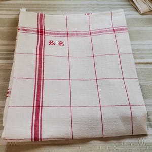 French Vintage Linen Red Stripe & Check Kitchen Towel Torchon (A384)