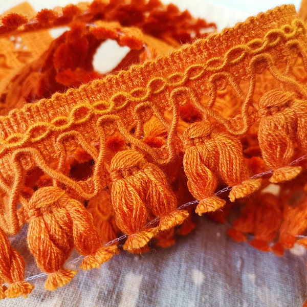 French Vintage Bright Orange Cotton Blend Passementerie Trim A055