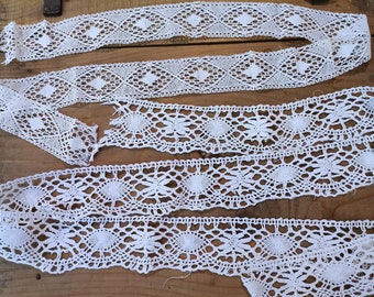 Lote de 2 piezas de encaje de bolillos de algodón blanco vintage francés A104