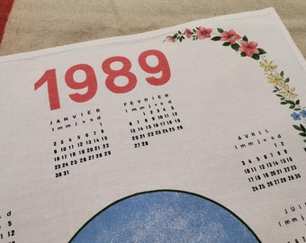 Francese Vintage Cotton 1989 Francoise Saget Calendario Cucina / Strofinaccio (A186)