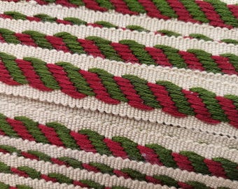 5 Yards French Vintage Bordeaux Red /  Cedar Green / Dark Cream Viscose 3/4" Passementerie Upholstery Trim (A528)