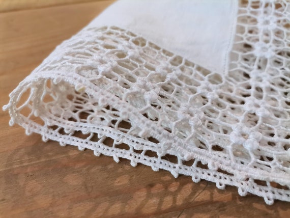 French Antique White Hand Made Lace Edged Linen H… - image 7