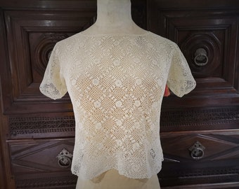 French Antique Light Cream / Ecru Cotton Thread Crochet Small Blouse / Top (A154)