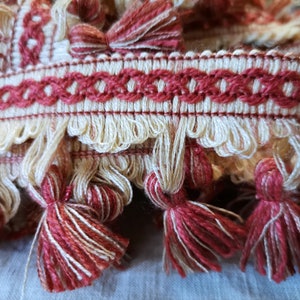 French Vintage 2 1/4" Cream / Light Burgundy Red Tassel Passementerie Trim A161