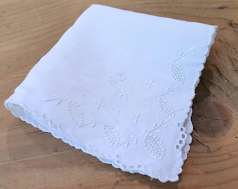 French Antique White Linen Embroidered Monogram SC Handkerchief A079