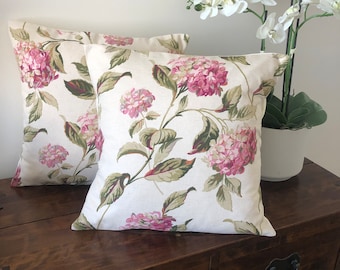 Two reversible cushion covers in Laura Ashley Hydrangea pink fabric, flowers, bedroom, lounge, couch, armchair, birthday gift, garden chair