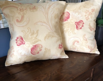 Two Handmade reversible cushion covers in Laura Ashley Baroque Raspberry Fabric.