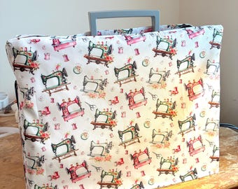 Handmade sewing machine cover in vintage sewing machine print