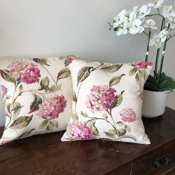 One handmade cushion Laura Ashley Hydrangea pink fabric, flowers bedroom lounge couch armchair birthday gift garden chair