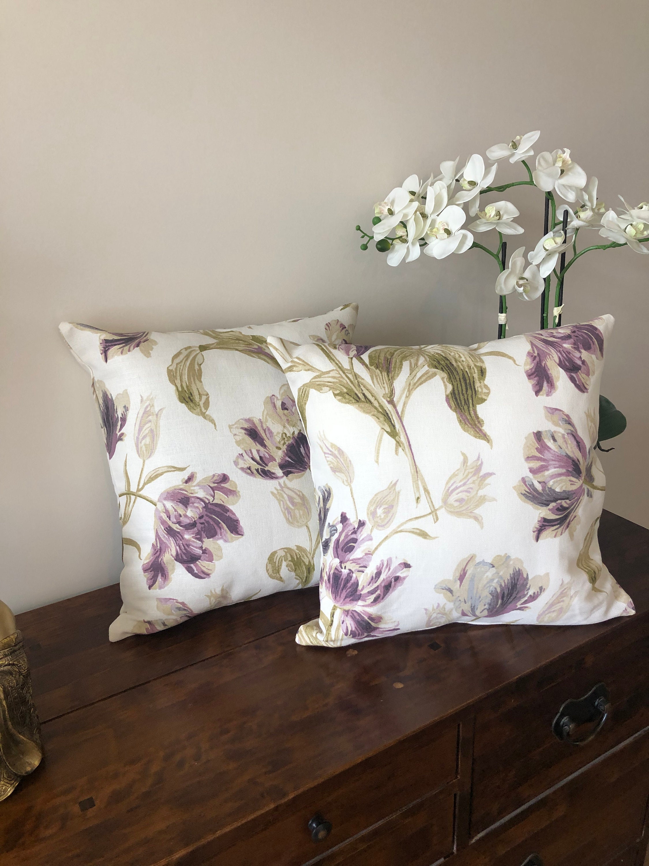 Two Cushion Covers in Laura Ashley Gosford Plum Purple Tulip Floral
