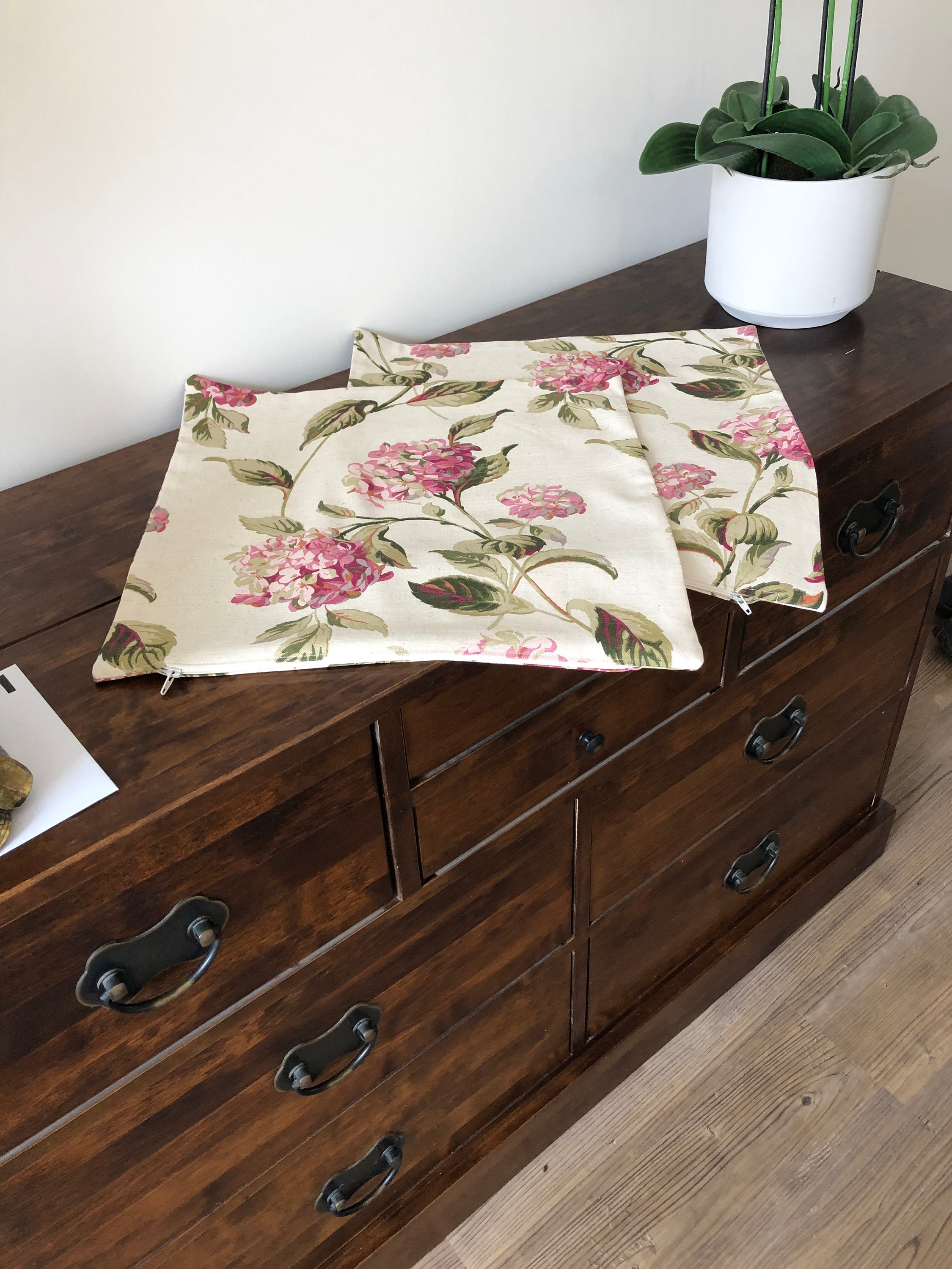 Two Cushion Covers in Laura Ashley Hydrangea Pink Fabric Flowers