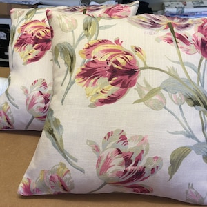 One cushion in Laura Ashley Gosford Cranberry fabric red tulip floral pattern lounge bedroom armchair couch cottage birthday present