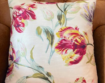 One reversible cushion in Laura Ashley Gosford Cranberry in silk, red tulip floral pattern lounge armchair couch cottage birthday present