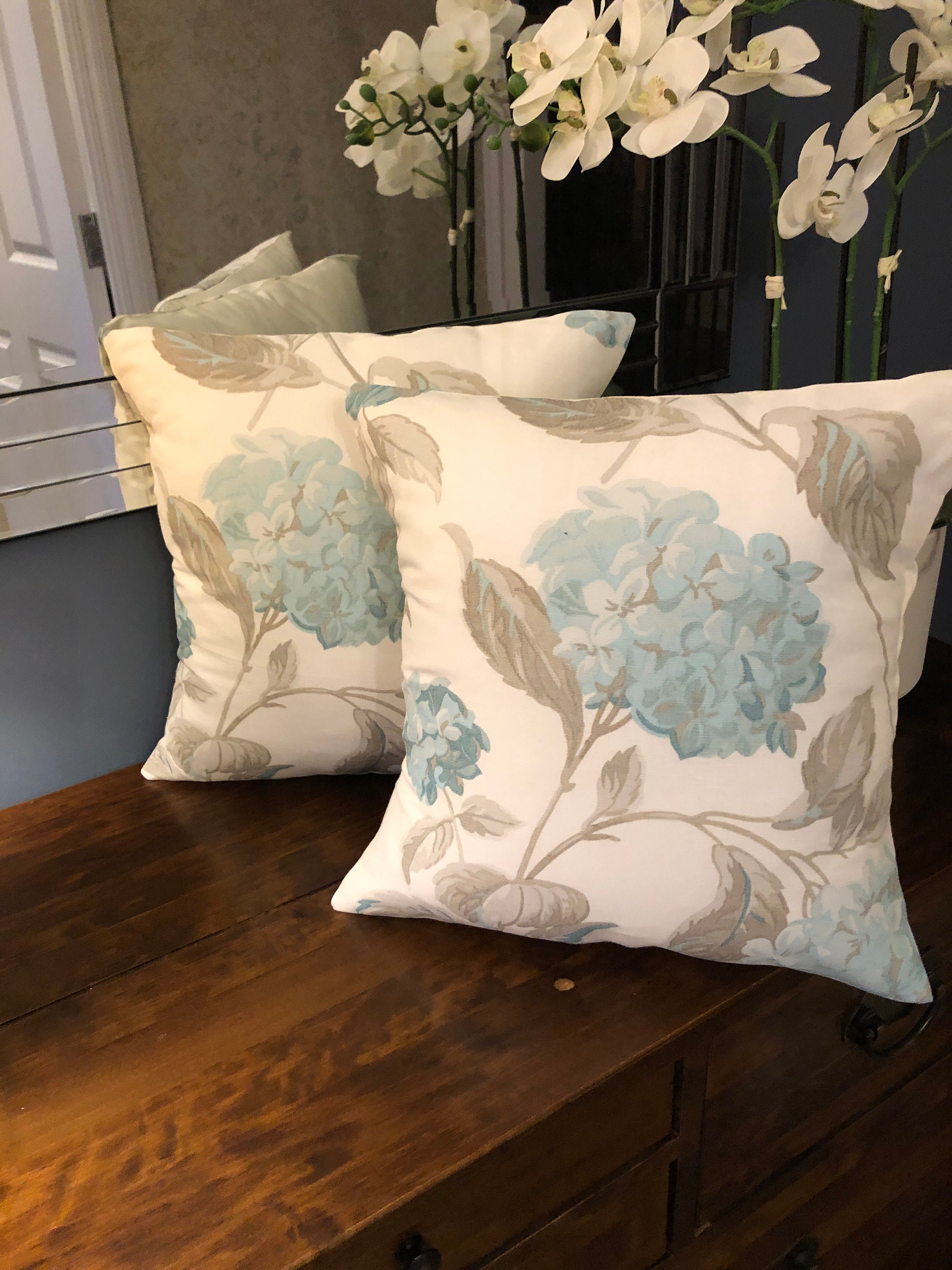 Laura Ashley Hydrangea Cushion: Duck Egg Blue Floral Pillow