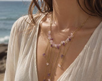 Rose Quartz Fringe Necklace, Pink Gemstone Necklace, Gold Statement Necklace, Boho Festival Jewelry, Romantic Gift for Her