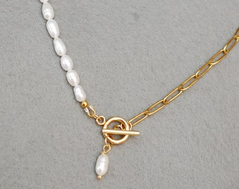 Last one!!! Half chain & half freshwater pearl necklace, Everyday fine jewelry, gold stainless steel, trendy jewelry set, Estibela 42cm 17"