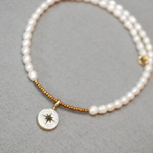 Estibela Limited Edition Star Pendant Necklace with Gold-Plated Seed Beads, Freshwater Pearls and Stainless Steel Handcrafted 43cm 17 image 1