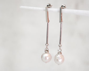 Stainless Steel Stick & Freshwater pearl, Elegant baroque pearl earrings, Bridal earrings, 5cm 2"