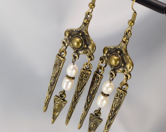 Vintage Bronze Boho Earrings: Tribal Spike & Pearl Dangles