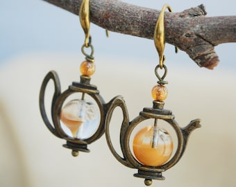 Brown teapot earrings and necklace,  tea party, tea lovers gift idea