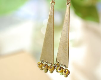 Triangle bronze earrings, geometrical earrings, long beaded earrings, Christmas gift for girlfriend