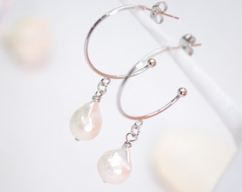 Large hoop pearl earrings, irregular big pearl earrings, bride earrings, silver plated stainless steel earrings, 5cm - 2" length, Estibela