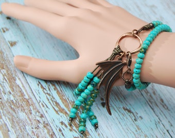 Turquoise Green beaded boho 2 turn leather bracelet, copper dragon wing fringe bracelet, unisex jewelry