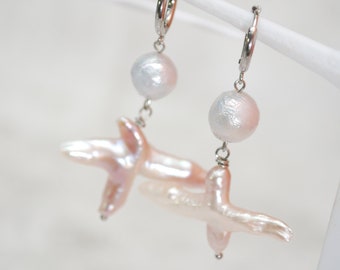 Vintage Style Baroque Freshwater Pearl Earrings with Unique Hoop Design and Rustic Boho Flair for Daily Wear, Special Occasions 5.5cm  2.15"