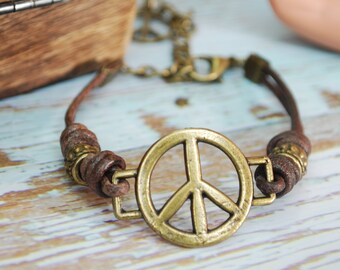 Last One - Last chance - 50% -  Boho-Luxe Style: Attractive Peace Charm Leather Bracelet with Handcrafted Artistry