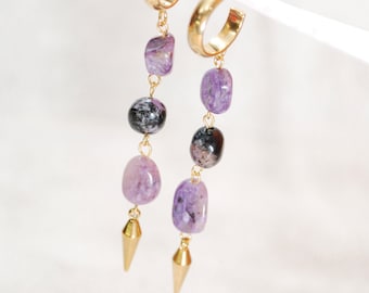 Long charoite stone cascade earrings,  spike gold plated stainless steel earrings,  8cm - 3.1"